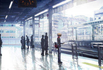 1boy analog_clock bag black_footwear bridge brown_hair building cable clock dappled_sunlight duffel_bag facing_away facing_to_the_side grey_jacket grey_pants guard_rail holding holding_luggage holding_phone jacket led looking_to_the_side male_focus moribuden outdoors pants phone railroad_tracks sunlight train_station train_station_platform truss yu-gi-oh! yu-gi-oh!_gx yuki_judai