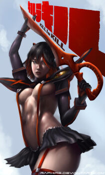 1girl absurdres black_hair breasts copyright_name highres holding holding_sword holding_weapon kill_la_kill looking_at_viewer matoi_ryuuko medium_breasts medium_hair multicolored_hair navel raphire realistic red_hair senketsu solo sword teeth two-tone_hair weapon