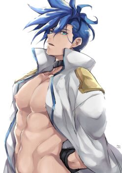 1boy abs arms_behind_back bare_pectorals belt_collar black_collar blue_eyes blue_hair blue_trim bound bound_wrists coat collar commentary_request cosplay cowboy_shot galo_thymos groin highres kray_foresight kray_foresight_(cosplay) looking_to_the_side male_focus mohawk navel nude open_clothes open_coat open_collar parted_lips pectorals popped_collar promare sideburns sideways_glance simple_background solo takatsuki_ichi white_background white_coat