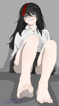 1girl absurdres barefoot black_hair feet highres long_hair looking_at_viewer multicolored_hair original panties pantyshot parted_lips purple_eyes shaded_face shark_shark_xt smile soles streaked_hair toes underwear