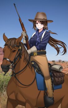 1girl :3 absurdres animal army bedroll belt belt_buckle blue_eyes blue_neckerchief blue_shirt blurry blurry_background blush breast_pocket brown_hair brown_hat brown_horse buckle bullet buttons cavalry closed_mouth collared_shirt commentary cowboy_hat gaiters gloves gun hat highres holding holding_gun holding_reins holding_weapon horse horseback_riding keiita long_hair long_sleeves military military_uniform neckerchief original outdoors pants pocket polka_dot_neckerchief reins riding rifle saddle saddle_blanket saddlebags shirt soldier solo stirrups_(riding) suspenders united_states_army weapon weapon_request white_gloves