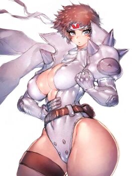 Rule 34 | 1girl, belt, belt pouch, breasts, brown hair, capcom, center opening, cleavage, clothes writing, covered erect nipples, cowboy shot, cyberbots, delinquent, fumio (rsqkr), genderswap, gloves, hand on own hip, headband, high collar, highleg, highres, jewelry, large breasts, looking at viewer, pouch, saotome jin, scarf, short hair, shoulder spikes, solo, spikes, thigh strap, thighlet, thighs, white background, wide hips