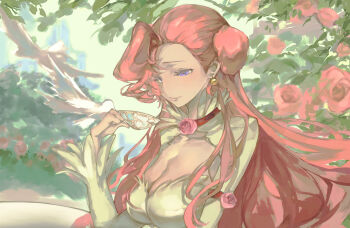 1girl bird breasts cleavage code_geass dove dress earrings euphemia_li_britannia flower garden hair_bun highres jewelry large_breasts long_hair pink_hair purple_eyes rose shru_(ss_sl99) smile solo