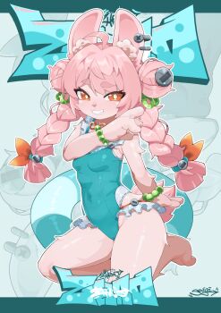 1girl absurdres accessories animal_ear_fluff animal_ears animal_feet blush border bracelet braid character_name commentary covered_navel ear_piercing english_commentary frilled_one-piece_swimsuit frills furry furry_female green_border grey_background hashimoto_seigi highres jewelry loli long_hair looking_at_viewer one-piece_swimsuit piercing pink_fur pink_hair rabbit_ears rabbit_girl red_eyes screw screw_hair_ornament short_eyebrows signature smile solo swim_ring swimsuit teeth thick_eyebrows twin_braids twintails zenless_zone_zero zhao_(zenless_zone_zero) zoom_layer