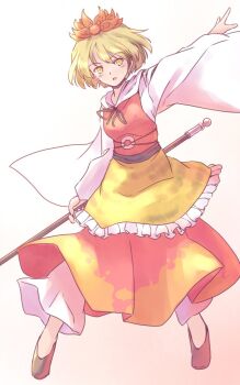 1girl belt black_ribbon blonde_hair brown_shoes commentary_request full_body hand_up hat headpiece holding holding_polearm holding_weapon legs_apart light_blush long_sleeves o-ring o-ring_belt one-hour_drawing_challenge open_mouth orange_hat pants polearm rangycrow red_skirt red_vest ribbon shirt shoes short_hair skirt solo toramaru_shou touhou vest weapon white_pants white_shirt yellow_eyes yellow_skirt