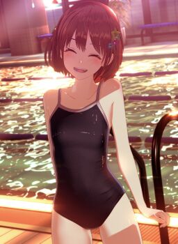 3d bare_shoulders bench black_one-piece_swimsuit brown_hair closed_eyes collarbone commentary hair_ornament hairclip highres indoors one-piece_swimsuit open_mouth original pool poolside short_hair smile solo standing sunlight swimsuit teeth yonemaru_nh