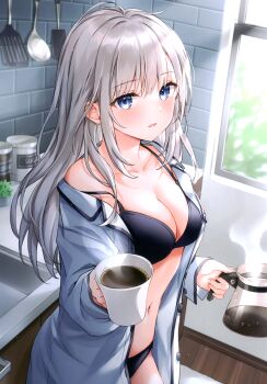 1girl absurdres bare_shoulders black_bra black_panties blue_eyes bra breasts cleavage coffee coffee_pot collarbone cowboy_shot cup day grey_hair higeneko highres holding indoors jacket long_hair long_sleeves looking_at_viewer medium_breasts navel off_shoulder open_clothes open_jacket original panties parted_lips scan sidelocks solo spaghetti_strap standing steam stomach strap_slip underwear white_jacket