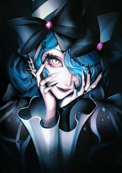 1girl absurdres aqua_scales black_background black_bow black_hat black_nails blue_hair bow chinese_commentary commentary curly_hair earrings eyelashes fangs fingernails glitter_makeup grey_eyes hair_bow hair_over_one_eye hands_on_own_face hat highres jewelry looking_at_viewer looking_up multicolored_nails multiple_rings nail_polish one_eye_covered open_mouth party_hat path_to_nowhere purple_lips ring scales serpent_(path_to_nowhere) sharp_fingernails simple_background slit_pupils smile solo two-tone_hat two-tone_nails upper_body white_hat white_nails white_sleeves wide_sleeves yu_zhezhe