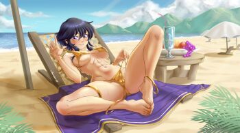 1girl absurdres anander0 anklet apple ass bare_arms bare_legs barefoot beach beach_towel beach_umbrella bikini bikini_pull black_hair blue_sky blush bracelet breasts breasts_apart cameltoe clothes_pull cloud commission commissioner_upload covered_erect_nipples cup day drink drinking_straw feet fire_emblem fire_emblem:_genealogy_of_the_holy_war food fruit gold_bikini golden_week grapes highres horizon ice ice_cube jewelry larcei_(fire_emblem) legs looking_at_viewer lying medium_breasts mountain navel nintendo ocean on_back outdoors purple_eyes sand shiny_swimsuit short_hair sideboob sidelocks sky smile solo spread_legs stomach strap_lift string_bikini sweat swimsuit teasing thighlet thighs tomboy toned toned_female towel tray umbrella underboob water wet