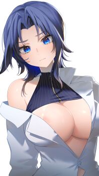 1girl absurdres adapted_costume alternate_costume alternate_hairstyle areola_slip bingsardina black_shirt blue_eyes blue_hair blush breasts button_gap collared_shirt commentary crop_top dress_shirt english_commentary highres hololive hololive_english large_breasts long_sleeves looking_at_viewer no_bra open_clothes open_shirt ouro_kronii ouro_kronii_(1st_costume) parted_bangs pinstripe_pattern shirt short_hair simple_background single_bare_shoulder solo upper_body virtual_youtuber white_background white_shirt wing_collar zipper zipper_pull_tab