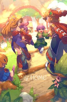 blonde_hair closed_mouth detached_sleeves dress echo_(circa) green_eyes hair_ornament hair_tubes hat imu_(lom) legend_of_mana long_hair multiple_boys multiple_girls open_mouth pointy_ears seiken_densetsu smile toto_(lom)