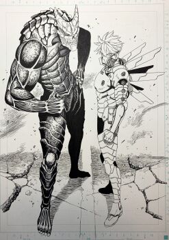 2boys abs ammunition_pouch armor belt_pouch biceps broken_ground clenched_hand commentary_request floating floating_object floating_weapon full_body greyscale hair_between_eyes hand_on_own_hip hibino_kafka hibino_kafka_(kaiju_form) highres horns ichikawa_reno kaijuu_no._8 looking_at_viewer male_focus mask monochrome monster_boy multiple_boys muscular muscular_male pouch power_armor respirator rubble sharp_teeth short_hair skull skull_head spiked_hair standing tatsu_yukinobu teeth thumbs_up traditional_media v-shaped_eyebrows weapon white_hair