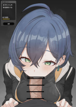 1boy 1girl absurdres bar_censor belle_(zenless_zone_zero) black_jacket black_shirt blue_hair censored earclip earrings gameplay_mechanics green_eyes hair_between_eyes highres hood hooded_jacket jacket jewelry looking_at_viewer oral penis ponpokotanutan1 shirt short_hair simple_background steam sweatdrop translated user_interface zenless_zone_zero