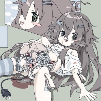 1girl @_@ ahoge android artificial_vagina blush_stickers brown_hair commentary_request commission crossed_bangs hair_between_eyes hair_ornament hairclip lokulo_no_mawashimono loli long_hair lowres original pussy robot_girl sex_toy single_thighhigh skeb_commission spread_legs thighhighs