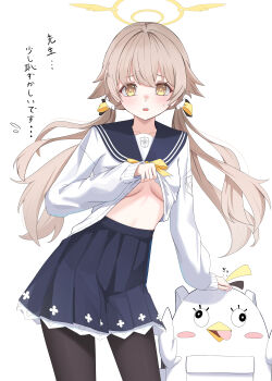 Rule 34 | 1girl, absurdres, backpack, bag, black pantyhose, blonde hair, blue archive, blue sailor collar, blue skirt, blush, bow, bowtie, breasts, clothes lift, collarbone, commentary request, cowboy shot, dere mono j, frilled skirt, frills, hair between eyes, halo, hifumi (blue archive), high-waist skirt, highres, lifting own clothes, long hair, long sleeves, looking at viewer, low twintails, open mouth, pantyhose, peroro (blue archive), pleated skirt, sailor collar, shirt, shirt lift, sidelocks, simple background, skirt, solo, standing, sweat, teeth, translation request, twintails, underboob, unworn backpack, unworn bag, white background, white shirt, yellow bow, yellow bowtie, yellow eyes, yellow halo