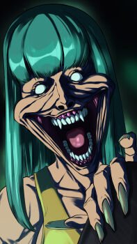 1girl absurdres alternate_universe aqua_hair blank_eyes blunt_bangs breasts collarbone commentary corruption crazy_smile creepy dragon_ball dragonball_z english_commentary fangs fingernails highres kinzokumatto large_breasts long_hair maron_(dragon_ball) monster_girl portrait sharp_fingernails smile solo tank_top teeth time_paradox tongue what yellow_tank_top