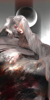 Rule 34 | 1girl, abstract, breasts, cleavage, collar, highres, leaning forward, long hair, looking at viewer, moon behind head, one eye covered, original, red eyes, red lips, smirk, solo, veil, waffle820, white hair, white veil