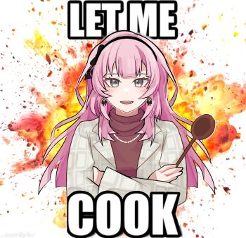 Rule 34 | 1girl, bang dream!, bang dream! our notes, black hairband, blush, commentary, crossed arms, earrings, english commentary, explosion, grey eyes, hairband, highres, holding, holding spoon, izumi houka, jacket, jewelry, long hair, meme, necklace, open clothes, open jacket, open mouth, pink hair, samuperior, solo, spoon, white jacket