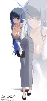 1girl absurdres alternate_costume bag black_bag black_hair black_shoes blue_archive blue_eyes blue_hair blue_halo blush breasts cleavage closed_mouth colored_inner_hair dongtan_dress dress grey_dress hair_in_own_mouth halo hand_in_own_hair highres holding holding_bag jewelry large_breasts leaning_forward long_dress long_hair looking_at_viewer multicolored_hair necklace saori_(blue_archive) senkuma777 shoes sidelocks solo two-tone_hair zoom_layer
