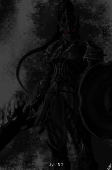 1other absurdres armor character_name commentary cowboy_shot empty_eyes english_commentary facing_viewer helmet highres holding holding_shield holding_sword holding_weapon knight l3xarts_17 shadow_slave shield solo spot_color standing sword variant_set weapon