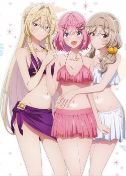 3girls amaori_renako bikini bikini_skirt blonde_hair blue_eyes blush brown_eyes brown_hair collarbone hands_on_another&#039;s_waist interlocked_fingers long_hair megami_magazine multiple_girls navel open_mouth ouzuka_mai pink_bikini pink_hair purple_bikini purple_eyes scrunchie sena_ajisai short_hair swimsuit twintails watashi_ga_koibito_ni_nareru_wake_naijan_murimuri! white_bikini