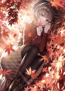 1girl autumn autumn_leaves beret black_hat black_pantyhose blush boots brown_boots brown_hair brown_skirt commentary_request falling_leaves green_eyes halterneck hat highres holding holding_leaf lace-up_boots leaf light_particles light_rays long_hair looking_at_viewer lying on_side original pantyhose parted_bangs parted_lips red_sweater sakura_(39ra) skirt smile solo sweater vertical-striped_sweater