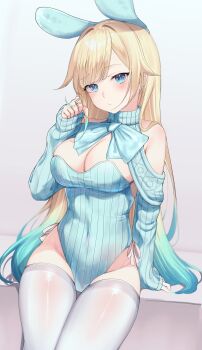 1girl absurdres aizawa_ema animal_ears aqua_hair bare_shoulders blonde_hair blue_eyes bow bowtie breasts cleavage commentary cowboy_shot detached_collar detached_sleeves gradient_hair groin hair_intakes highres kairi_(miry666) leotard multicolored_hair parted_bangs playing_with_own_hair rabbit_ears redrawn ribbed_leotard ribbed_sleeves sitting skindentation solo symbol-only_commentary thigh_gap thighhighs twirling_hair virtual_youtuber vspo! white_thighhighs