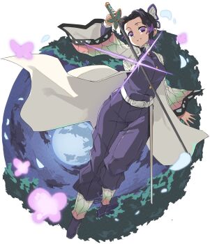 1girl black_hair black_jacket black_pants bug butterfly butterfly_hair_ornament colored_tips commentary_request dashing demon_slayer_uniform fisheye full_body full_moon hair_ornament haori highres holding holding_sword holding_weapon insect jacket japanese_clothes kimetsu_no_yaiba kochou_shinobu long_sleeves looking_at_viewer moon multicolored_hair night night_sky onabe915 outdoors pants purple_eyes short_hair simple_background sky solo sword weapon white_background
