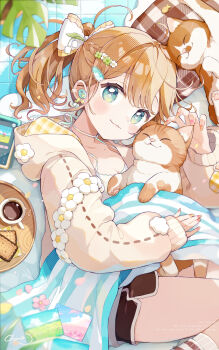 +_+ 1girl :3 ahoge animal animal_on_chest black_shorts blanket blush bow braid breasts brown_hair brown_hoodie camisole cat chon_(chon33v) cleavage closed_eyes collarbone commentary_request cup daisy_(flower) dolphin_shorts dot_nose double-parted_bangs ear_bow earrings eshi_100_nin_ten feet_out_of_frame flower flower_hairpin food from_above green_eyes hair_bow hair_flower hair_ornament hair_pulled_back hairpin half_up_braid hand_up highres holding holding_animal hood hoodie horizontal-striped_socks jewelry long_sleeves lying mole mole_on_chest multicolored_nails on_back on_side open_clothes open_hoodie orange_nails original pawpads petting photo_(object) pillow pink_flower pink_nails pink_petals plaid_bow plaid_clothes plaid_hood ponytail screen short_hair shorts signature single_sleeve_past_wrist small_breasts socks solo spaghetti_strap striped_clothes striped_fur striped_socks swept_bangs teacup tile_floor tiles waffle white_camisole wooden_plate yellow_bow