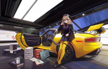 1girl absurdres animal_ear_fluff animal_ears arknights beret black_shoes blazer blurry book brown_hair car chromatic_aberration closed_mouth coffee_mug commentary_request cup film_grain fr-ee-dom garage glasses hat highres jacket light_smile loafers long_sleeves looking_at_viewer medium_hair motor_vehicle mug official_alternate_costume open_clothes open_jacket pantyhose paper partial_commentary plaid_clothes plaid_skirt pleated_skirt purple_hat purple_jacket purple_shirt purple_skirt shirt shoes skirt solo standing sticky_note thigh_strap utage_(arknights) utage_(disguise)_(arknights) wide_shot yellow_pantyhose