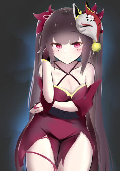 1girl absurdres arm_support armpit_crease bare_shoulders bell blush breasts brown_hair cleavage collarbone dress fox_mask gluteal_fold hair_bell hair_ornament hands_up highres honkai:_star_rail honkai_(series) large_breasts long_hair looking_at_viewer mask red_eyes sidelocks simple_background smile solo sparkle_(honkai:_star_rail) spookm standing thick_thighs thighs twintails