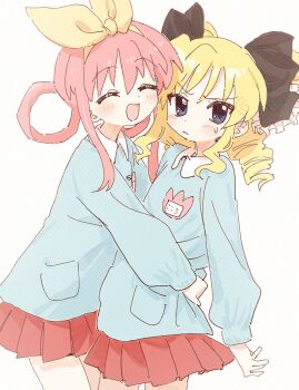 2girls akechi_kokoro black_bow blonde_hair blue_shirt blush bow bow_hairband closed_eyes closed_mouth commentary_request cowboy_shot drill_hair grey_eyes hair_bow hair_rings hairband highres hug kindergarten_uniform long_sleeves looking_at_viewer medium_hair miniskirt multiple_girls name_tag nendo23 open_mouth pink_hair pleated_skirt red_skirt sherlock_shellingford shirt short_hair_with_long_locks simple_background skirt small_sweatdrop smile tantei_opera_milky_holmes twin_drills white_background yellow_bow yuri