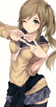 1girl black_thighhighs breasts brown_hair clothes_around_waist commentary green_eyes inuyama_aoi long_hair long_sleeves medium_breasts motosu_school_uniform necktie one_eye_closed pleated_skirt revision sailor_collar school_uniform short_necktie side_ponytail skirt sleeves_rolled_up solo thick_eyebrows thighhighs white_necktie yukitake_(bullfalk) yurucamp zettai_ryouiki