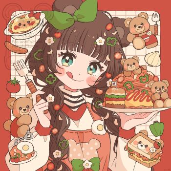 Rule 34 | 1girl, :q, bear, blunt bangs, blush stickers, border, braid, brown hair, burger, closed mouth, commentary request, eeppa, flag, food, food-themed hair ornament, fork, green eyes, green ribbon, grid background, hair ornament, hair ribbon, highres, holding, holding fork, holding plate, long hair, long sleeves, looking at viewer, napolitan, omelet, omurice, original, outside border, pasta, plate, red border, red vest, ribbon, shirt, smile, solo, tomato hair ornament, tongue, tongue out, twin braids, upper body, vest, white background, white shirt