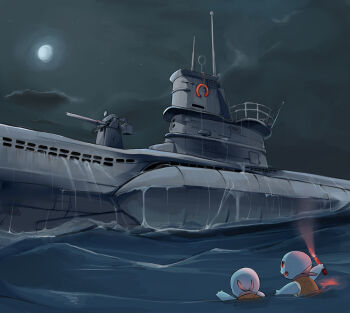 bandana bandana_around_neck battleship cloud commentary english_commentary flare full_moon gen_1_pokemon grey_sky highres military military_vehicle moon night nintendo ocean open_mouth pokemon pokemon_(creature) red_eyes ship sky squirtle vehicle_focus vehicle_request warship watercraft waves world_war_ii yupa_(notebook14)