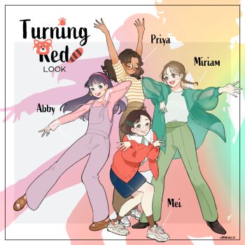 4girls abby_(turning_red) animification beanie black_hair braces brown_eyes brown_hair character_name commentary_request copyright_name dark-skinned_female dark_skin disney earrings glasses hat jewelry looking_at_viewer meecosme meilin_lee miriam_(turning_red) multiple_girls open_mouth overalls pixar priya_(turning_red) purple_overalls shirt smile turning_red