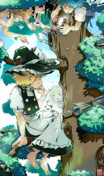 +++ 5girls apron barefoot black_vest blonde_hair blue_bow blue_dress blue_hair blush bow braid broom cirno commentary_request cryokinesis day detached_wings dress food grin hair_bow hat hat_bow highres ice ice_wings kirisame_marisa kokechankokko long_hair luna_child multiple_girls open_mouth outdoors pinafore_dress pointing puffy_short_sleeves puffy_sleeves shaved_ice short_sleeves side_braid single_braid sleeveless sleeveless_dress smile snow_on_headwear snowman star_sapphire sunny_milk sweat toes touhou translation_request tree vest waist_apron white_bow wings witch_hat