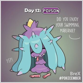 Rule 34 | artist name, border, brex art, closed eyes, eating, english text, fangs, gen 7 pokemon, gradient background, hashtag, mareanie, nintendo, no humans, outside border, pokemon, pokemon (creature), solo, spikes, white border
