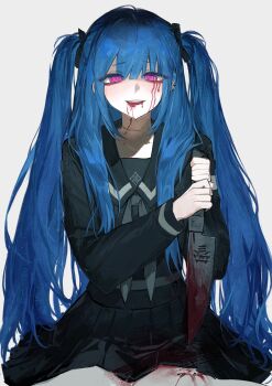 Rule 34 | 1girl, absurdres, amemiya darumi, black hair, black sailor collar, black skirt, blood, blood from mouth, blood on clothes, blood on face, bloody knife, blue hair, bow, commentary request, eyeliner, face piercing, grey neckerchief, hair bow, highres, holding, holding knife, knife, last defense academy school uniform, latham (7189680211), long hair, looking at viewer, makeup, multicolored hair, neckerchief, piercing, pink eyes, red eyeliner, sailor collar, school uniform, self-harm, serafuku, skirt, smile, solo, the hundred line -last defense academy-, twintails