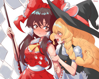 Rule 34 | 2girls, absurdres, apron, ascot, black skirt, black vest, blonde hair, blush, bow, braid, breasts, brown hair, commentary, detached sleeves, english commentary, frilled bow, frilled hair tubes, frills, gohei, hair bow, hair tubes, hakurei reimu, hat, highres, holding, holding gohei, kirisame marisa, long hair, medium breasts, mibukyt, multiple girls, paw print, paw print pattern, puffy short sleeves, puffy sleeves, red bow, red eyes, red skirt, ribbon-trimmed sleeves, ribbon trim, short sleeves, side braid, single braid, skirt, skirt set, touhou, twitter username, unfinished dream of all living ghost, very long hair, vest, waist apron, white apron, witch hat, yellow ascot, yuri
