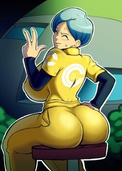 1girl anger_vein ass blue_hair blush bodysuit breasts bulma capsule_corp covered_erect_nipples curvy dragon_ball dragon_ball_super dragon_ball_super_super_hero earrings closed_eyes from_behind hand_on_own_ass highres huge_ass huge_breasts jewelry jumpsuit long_sleeves mature_female short_hair sitting skin_tight sweatdrop thick_thighs thighs vertacularrld yellow_bodysuit
