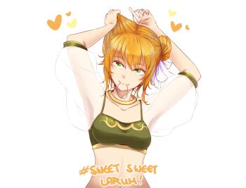 1girl armpits arms_up dancer double_bun english_text fire_emblem fire_emblem:_the_binding_blade green_eyes hair_bun hair_tie hair_tie_in_mouth hands_in_own_hair heart larum_(fire_emblem) lithety mouth_hold nintendo orange_hair see-through_clothes see-through_sleeves solo tying_hair white_background