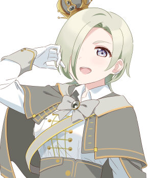 Rule 34 | 1girl, absurdres, arched crown, bow, bowtie, breasts, buttons, capelet, collared shirt, commentary request, costume request, crown, double-breasted, gloves, green hair, grey bow, grey bowtie, grey capelet, grey crown, grey eyes, hair over one eye, highres, ishimochi (daleka333), long sleeves, looking at viewer, love live!, love live! nijigasaki high school idol club, medium breasts, medium hair, mia taylor, mini crown, one eye covered, shirt, simple background, solo, tilted headwear, upper body, white background, white gloves, white shirt