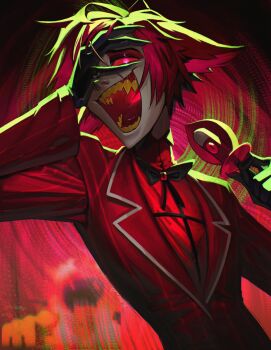 1boy :d absurdres alastor_(hazbin_hotel) animal_ears black_gloves bow bowtie colored_sclera colored_skin deer_ears formal_clothes gloves hazbin_hotel hellaverse highres holding jacket male_focus niriatsu open_mouth red_background red_eyes red_hair red_jacket red_sclera red_shirt sharp_teeth shirt short_hair smile striped_clothes striped_jacket suit teeth upper_body white_skin