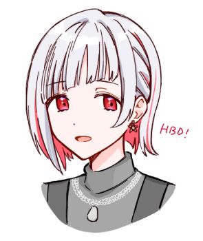 1girl :d chain chain_necklace colored_inner_hair cropped_head diagonal_bangs earrings grey_sweater jewelry link!_like!_love_live! looking_at_viewer love_live! multicolored_hair necklace official_alternate_costume open_mouth red_eyes red_hair short_hair smile solo star_(symbol) star_earrings streaked_hair sweater turtleneck turtleneck_sweater virtual_youtuber white_hair yugiri_tsuzuri yugiri_tsuzuri_(post-graduation) zangemiya