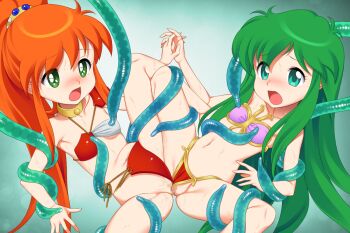 2girls armor ayanokouji_rem bikini bikini_armor bikini_bottom_aside bikini_pull blush breasts caron_(rall) clothes_pull clothing_aside commentary_request commission commissioner_upload crossover dream_hunter_rem fugetsu_taku green_eyes green_hair holding_hands long_hair multicolored_bikini multiple_girls navel open_mouth orange_hair pink_bikini ponytail pussy_sandwich rape red_bikini restrained sf_choujigen_densetsu_rall skeb_commission small_breasts spread_legs swimsuit tentacles thighs trait_connection two-tone_bikini very_long_hair
