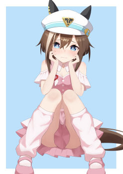 1girl absurdres animal_ears astroglia_cyte blue_eyes blush brown_hair cheval_grand_(umamusume) closed_mouth commentary_request hat highres horse_ears horse_girl horse_tail looking_at_viewer loose_socks meni_shuki_rush-sshu! pink_skirt short_hair sitting skirt socks solo tail umamusume white_hat white_socks