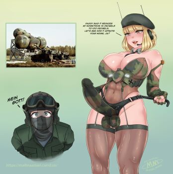 absurdres beret breasts cleavage dildo earphones goggles goggles_on_headwear hat helmet highres mallinaamari mecha_musume military military_vehicle motor_vehicle muscular muscular_female original pantyhose personification radio_antenna sex_toy strap-on tank thighs