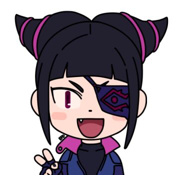 Rule 34 | 1girl, archived source, artist name, biker clothes, bikesuit, blunt bangs, blush, bodysuit, chibi, commentary, drill hair, efd, english commentary, eyepatch, fang, fingerless gloves, gloves, hair ornament, han juri, lowres, purple eyes, sidelocks, street fighter, street fighter v, turtleneck, twin drills, v
