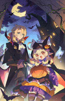 1boy 1girl albedo_(genshin_impact) animal_ears animal_hood aqua_eyes autumnlll black_dress black_hood black_jacket black_pants black_vest blonde_hair closed_mouth dress food-themed_hair_ornament genshin_impact hair_ornament highres hood jack-o&#039;-lantern jacket klee_(genshin_impact) long_hair moon night night_sky open_mouth pants pointy_ears pumpkin_hair_ornament sky smile striped_clothes striped_thighhighs thighhighs vest